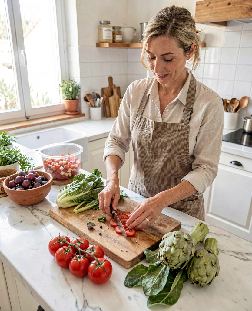 Nutricionista preparando ingredientes frescos